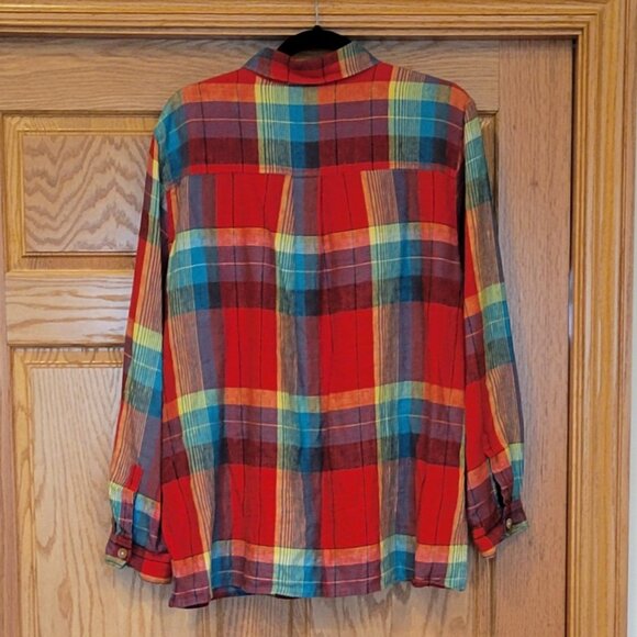 Chico's 100% Linen Red Plaid Long Over-sized Button Front Shirt Size L NWOT NEW - Picture 7 of 9